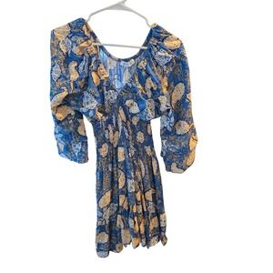 Paradise USA Vacation Cruise Dress M Womens Blue Mini 3/4 Sleeve Cottage Core